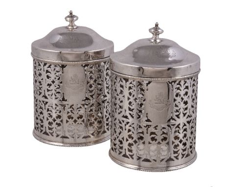 A pair of Edwardian silver cylindrical and pierced biscuit boxes by William Hutton & Sons, Sheffield 1901, with compressed ba