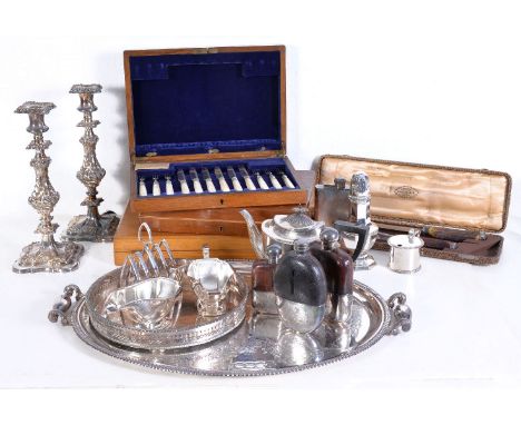 A collection of electro-plated items, to include: a large spirit flask by Dunhill, London, engraved R.A.S.B.; four other spir