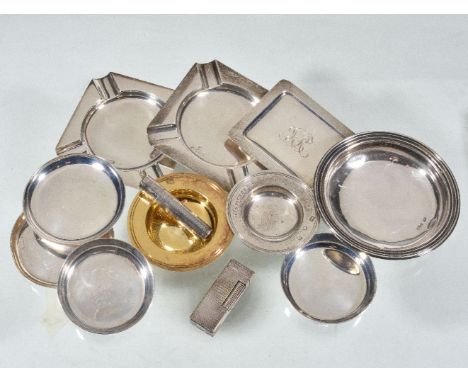 A collection of silver ashtrays, to include:  a square ashtray by A. & J. Zimmerman Ltd., Birmingham 1919, retailed by Asprey