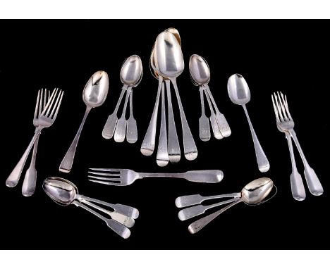 A collection of silver fiddle and old English flatware, various George III and later makers and dates, many initialled or mon