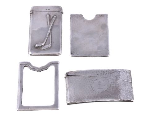 Two silver card cases and two sleeves, the first case Edwardian curved rectangular and hammered by Deakin & Francis, Birmingh