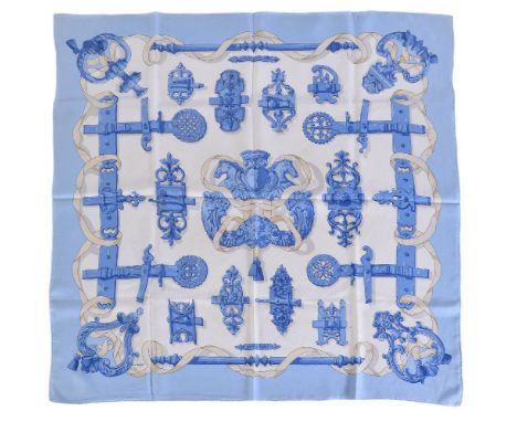 Hermes, Ferronnerie, a blue and cream silk scarf, designed by Cathy Latham, in blue and cream, 88cm wide