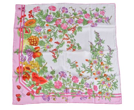 Asprey, a silk scarf, decorated with strawberries, grapes, morning glory, watermelon, passion fruit flowers and other foliage