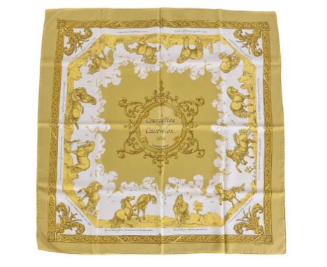 Hermes, Courbettes et Cabrioles, a yellow silk scarf, designed by Francoise Faconnet, with horses on a cream ground with scro