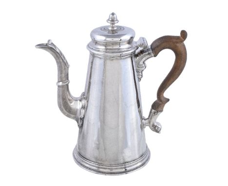 A George II silver small coffee pot by Dike Impey, London 1736, straight-tapered with an acorn finial to the ogee domed cover