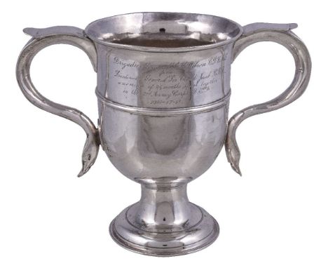 A George III silver twin handled pedestal cup by William Collings, London 1774, with twin scroll handles and a girdle, engrav