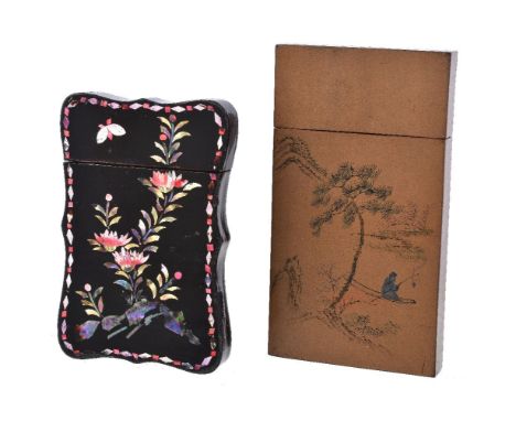 ϒTwo Chinese lacquer card cases, the first late 19th century rectangular, painted with two figure in a boat, a pagoda beyond,