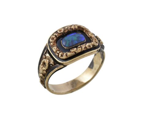 A Georgian mourning ring, the foliate panel with a black enamel border, later set with a cushion shaped opal, to foliate and 