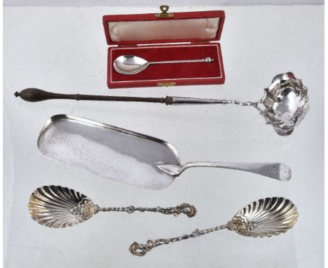 Five items of silver flatware, comprising: a late George II shaped oval toddy ladle, maker's mark worn, London 1757, double l