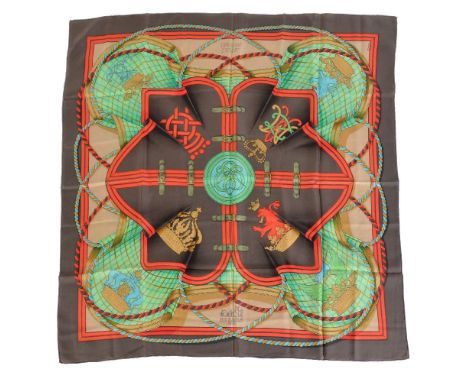 Hermes, Grande Tenue, a silk scarf, designed by Henri d'Origny, in green, brown and red tones, with a rolled edge, 132cm