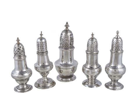 Five Georgian silver baluster castors, to include: a George II baluster castor by Samuel Wood, London 1743, with a bell shape