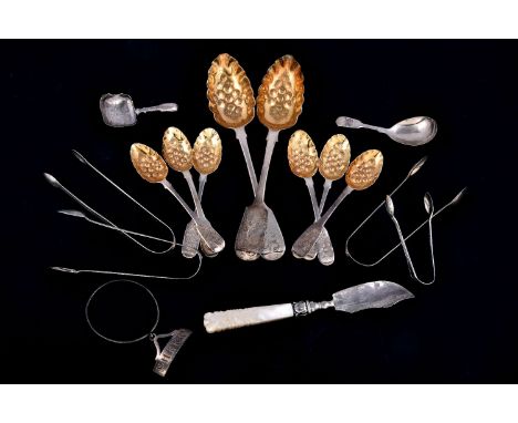 ϒA collection of silver flatware, including; a George IV/William IV matched pair of fiddle pattern table spoons and six teasp