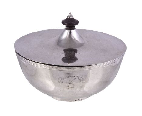 A 19th century Indian colonial silver bowl and cover by Peter Orr, Madras, with a turned wood finial to the conical centre co