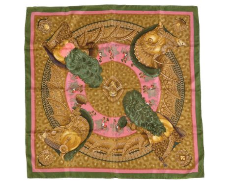 Hermes, Casque et Plumets, a silk scarf, designed by Julia Abadie, in pink, green and gold, with a green border, 88cm wide, i