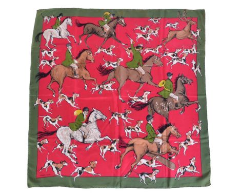 Hermes, La Poursuite, a silk scarf 90, designed by Jean-Louis Clerc, red colourway with a green border, 88cm x 88cm