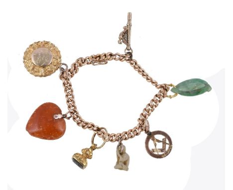 A curb link charm bracelet, the polished curb link bracelet set with various charms, including: a mid 19th century mourning p
