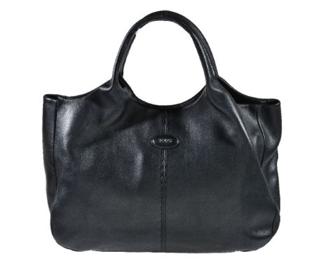 Tod's, 24 Hour, a black soft leather shopping tote, with twin loop handles, magnetic button fastener opening to a black satin