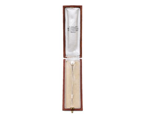 A 1930s natural pearl stick pin by Mauboussin, the natural saltwater pearl on a white gold pin, stamped with French poincon a