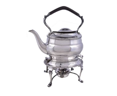 A silver oval baluster kettle on stand by Harrison Brothers & Howson, Sheffield 1922, with a composition loop handle and reed