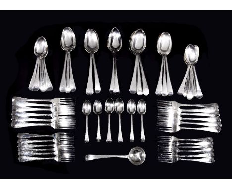 A matched silver old English feather edge table service, various George III to George V makers and dates, various initials, m