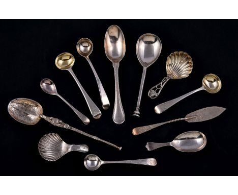 Three silver caddy spoons and other flatware, the caddy spoons: one shell bowl with coffin end handle, maker's mark IT (unkno