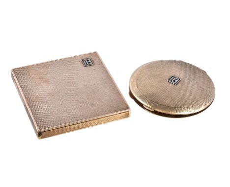 A 9 carat gold compact probably by Cohen & Charles, London 1937, 7.5cm (3in) diameter; and a rectangular cigarette case, unma