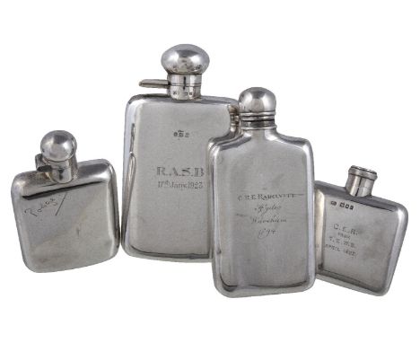 Four silver spirit flasks, to include: a spirit flask by George Unite & Sons, Birmingham 1919, engraved R.A.S.B 17th Jany. 19