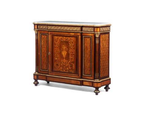 A Napoleon III cabinet, Rosewood, burr walnut and other woods veneered carcass, Marquetry decoration with central flower vase