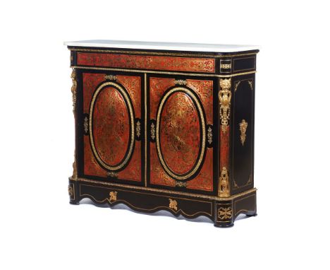 A Boulle style Napoleon III low cabinet, Ebonised wood, Gilt metal and turtle shell inlaid decoration, Gilt bronze classical 