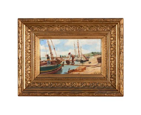 Adolfo de Sousa Rodrigues (1867-1908)A marine view with boats and fishermen, Oil on panel, Signed, 10x17 cm
