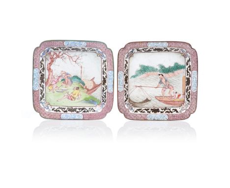 A pair of deep saucers, Enamelled copper, Polychrome oriental scenes decoration, Qianlong reign (1736-1795), (losses, faults 