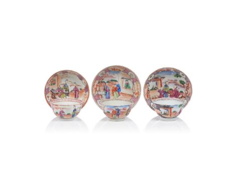 A group of three cups and saucers, Chinese export porcelain, Polychrome "Famille Rose" enamelled decoration of terrace views 