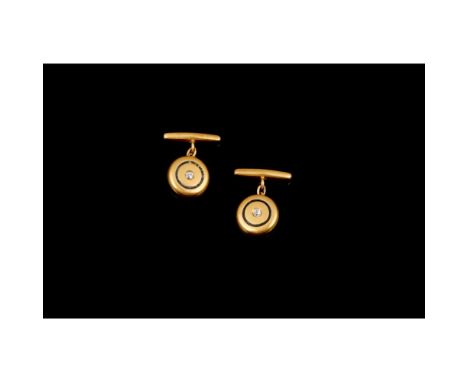 A pair of cufflinks, Gold 800/000, Enamelled frieze and set with 2 antique brilliant cut diamonds totalling 0,20 ct., Oporto 