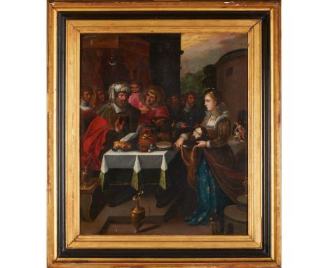 Círculo de Frans Francken II (1581- 1642)Herod's feast with Salome presenting John The Baptist's Head, Oil on canvas applied 