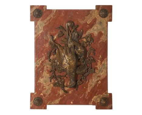 A set of four plaques, Marbled wood, Bronze applied hunting trophies elements, Europe, 19th century, 55x42 cm