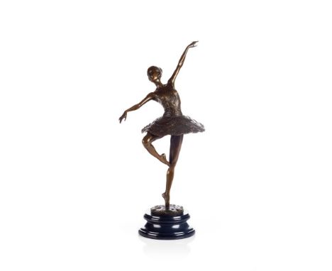 A ballerina, Patinated bronze sculpture, Black marble stand, Marked E. Degas, 46 cm (total)