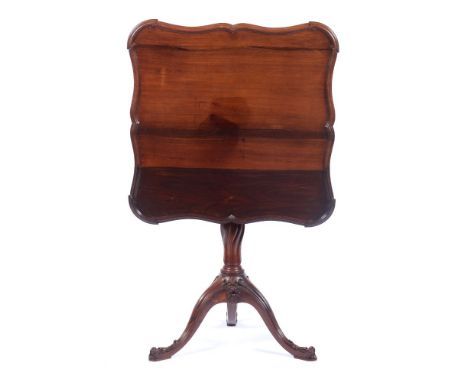 A D.José style tripod table, Rosewood, Carved feet of volutes and foliage decoration, Central spiralled column, Scalloped til