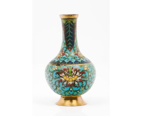 A vase, Gilt metal and cloisonne enamel, Polychrome decoration of lotus flower scrolls on a turquoise ground, Jiaqing mark to