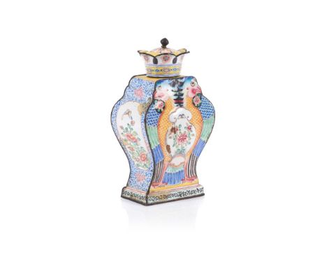 An unusual covered vase, Canton enamel and metal, Polychrome decoration  of floral motifs and crowned double-headed eagles, Q