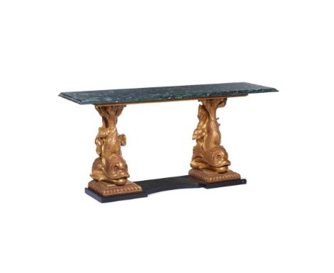 A console table, Carved and gilt wood, Black and green marble tops on two dolphin shaped stands, 20th century, 83,5x180x50 cm