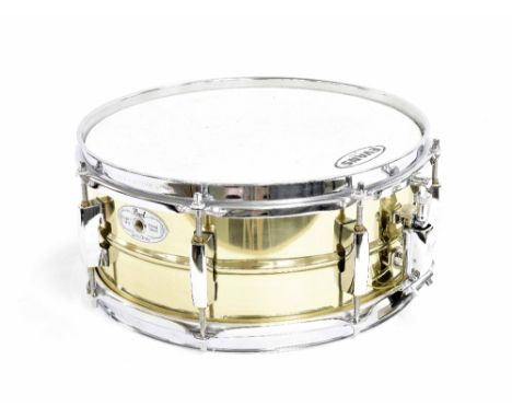 Pearl Sensitone Custom alloy brass shell 13" x 5" eight lug snare drum, ser. no 17757, soft case