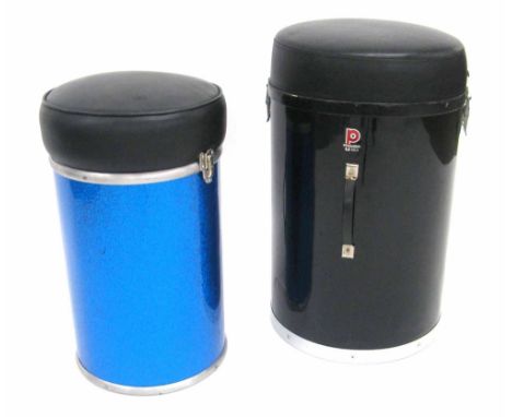 Two drum stools converted from old drum shells, one with blue sparkle shell and the other a black gloss Premier drum shell (2