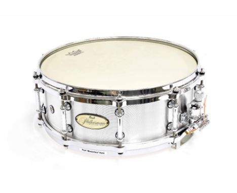 Pearl Philharmonic concert 14" x 5" ten lug snare drum, ser. no. 005008, with Pearl 'Mastercast' hoops, turned aluminium shel