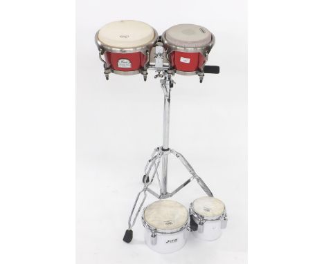 Pearl Primero Pro Series bongos, soft case and stand; together with Sonor Percussion bongos, soft case (2)
