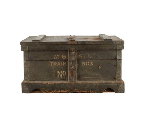 M&amp;StL (Minneapolis &amp; St. Louis) wooden train box or trunk with iron fittings. Marked along the front "M&amp;ST L Trai