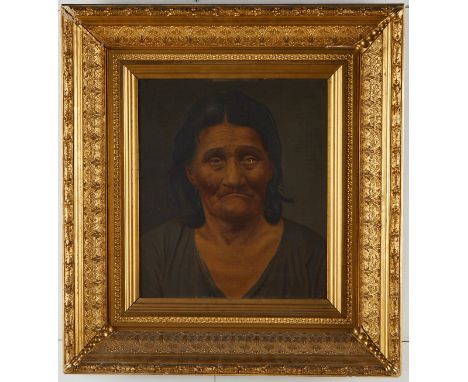 Oil on canvas portrait depicting Azayamankawin or "Old Betz," a Dakota woman from St. Paul who was a local celebrity and whos
