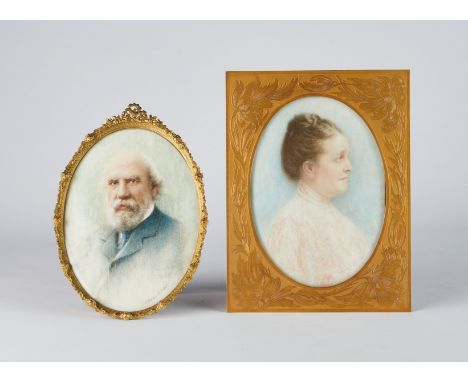 Paul Raymond Audibert (French, 1858-1919). Miniature watercolor paintings depicting James J. Hill and Mary Mehegan Hill. Both