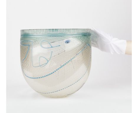 Richard "Dick" Huss (American, b. 1946). Glass bowl in a graduating shade of light blue to clear with abstract applied decora