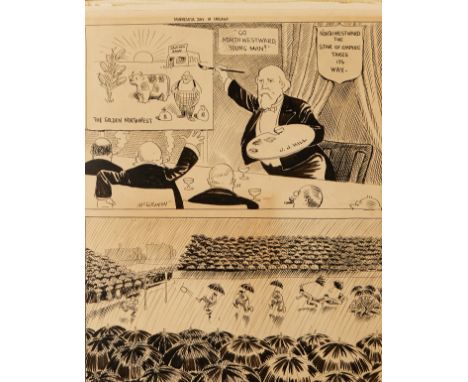 John T. McCutcheon (American, 1870-1949). Ink on paper two-panel cartoon of James J. Hill painting a picture of "The Golden N