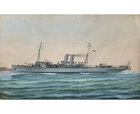 English School (Early 20th century): Ship Portrait of British Battleship off Naples, gouache unsigned 40cm x 64cm